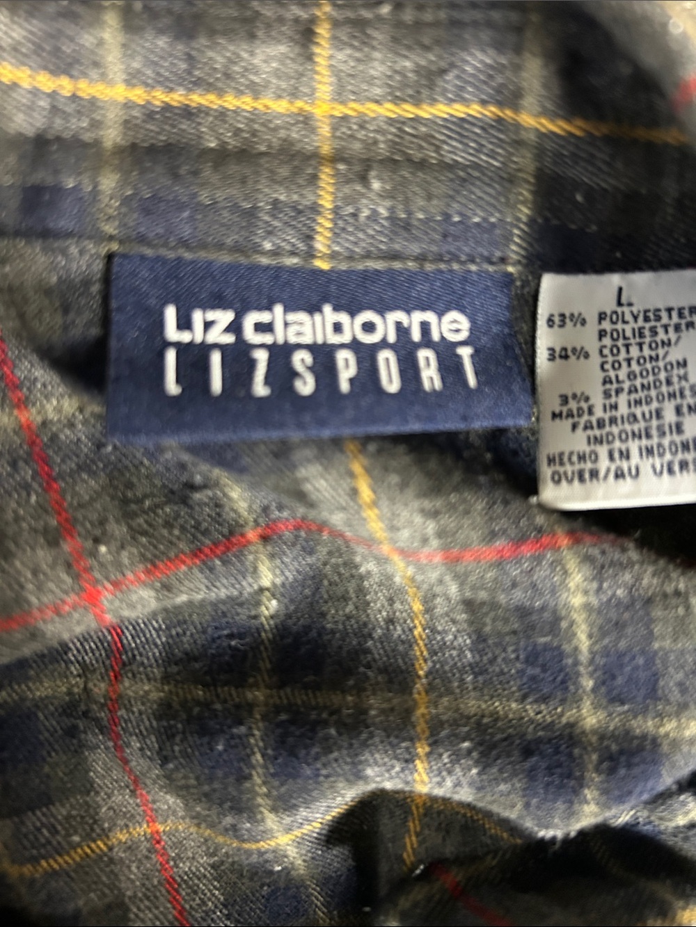 Liz Claiborne Plaid Button-Down Shirt - Navy, Brown Sz L Casual Cotton TC0465 - Picture 3 of 10